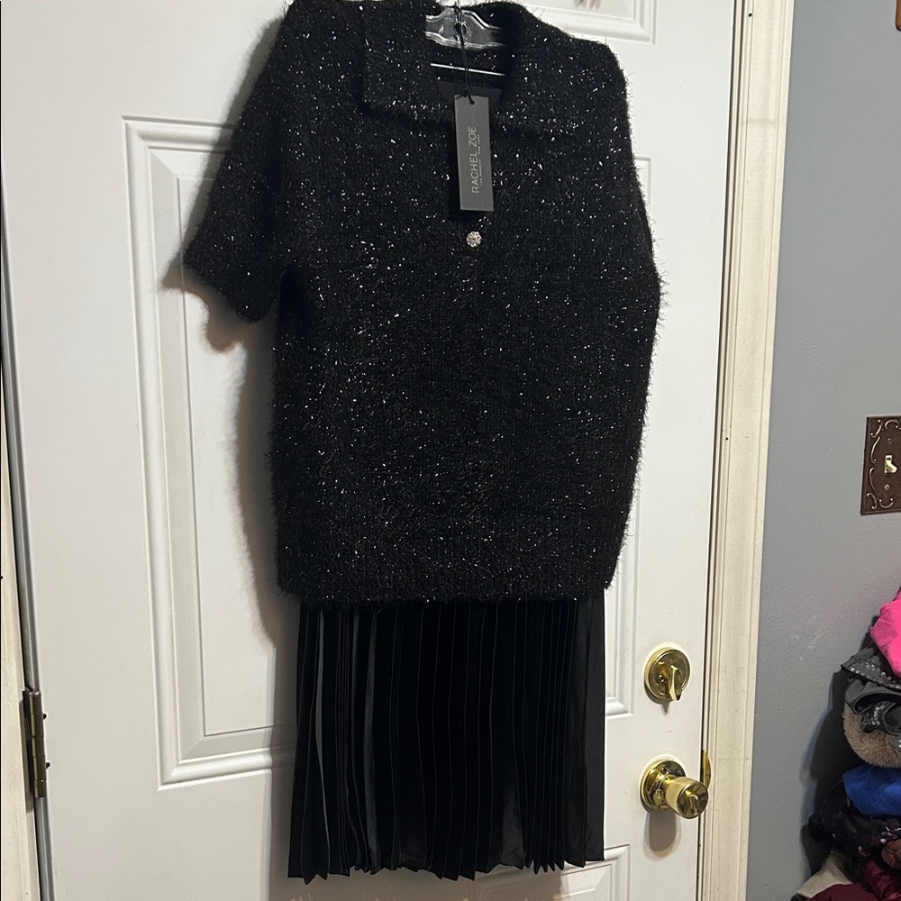 Black Sparkly Short Sleeve Top with Pleated Skirt